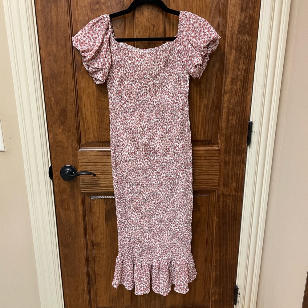 Petal + Pup pink floral ruched midi dress (bump friendly)